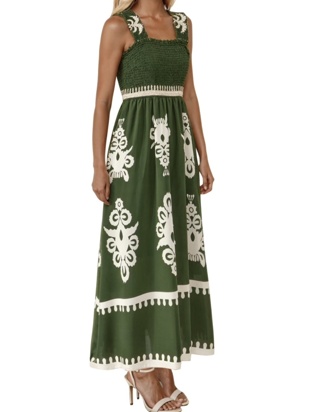 Pretty Garden Green Smocked Maxi Dress with White Print Size XL - Picture 1 of 10